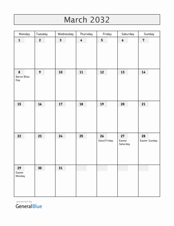 Belize March 2032 Calendar with Holidays