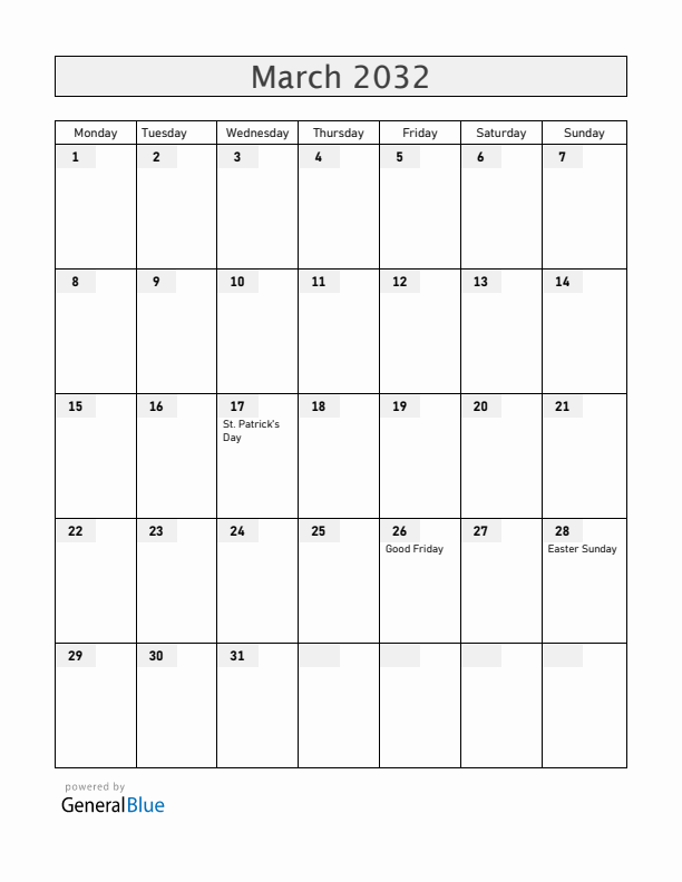 Canada March 2032 Calendar with Holidays