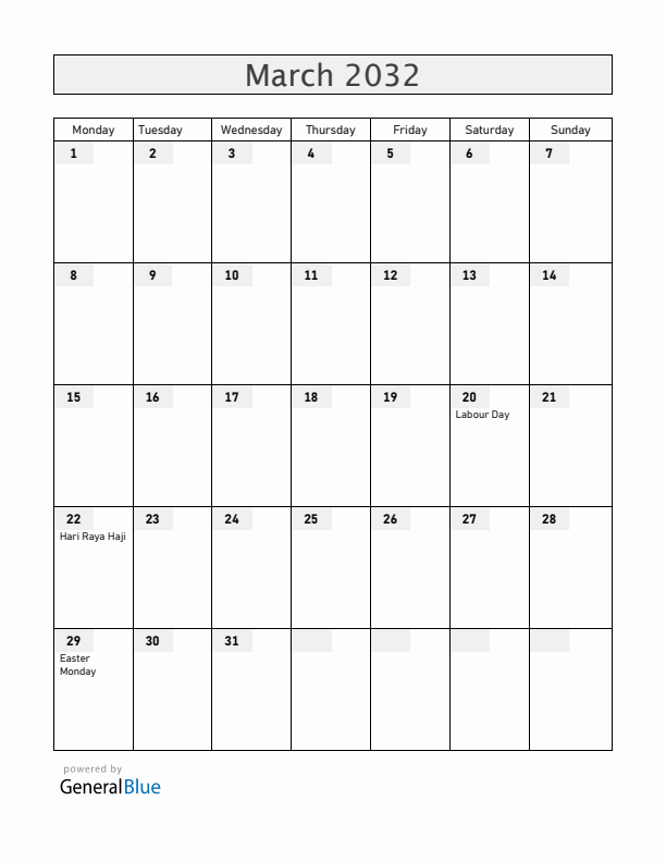 Cocos Islands March 2032 Calendar with Holidays