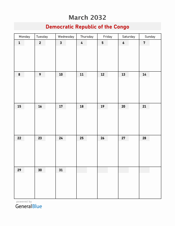 Democratic Republic of the Congo March 2032 Calendar with Holidays