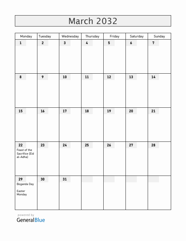 Central African Republic March 2032 Calendar with Holidays