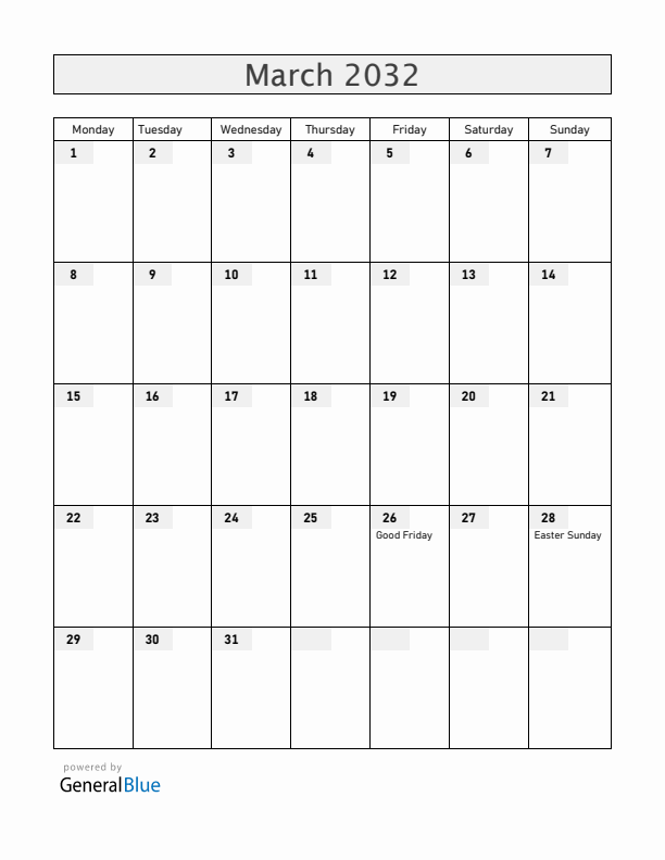 Chile March 2032 Calendar with Holidays