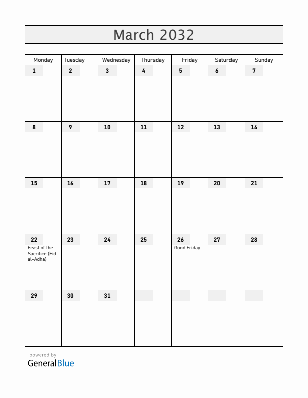 Cameroon March 2032 Calendar with Holidays