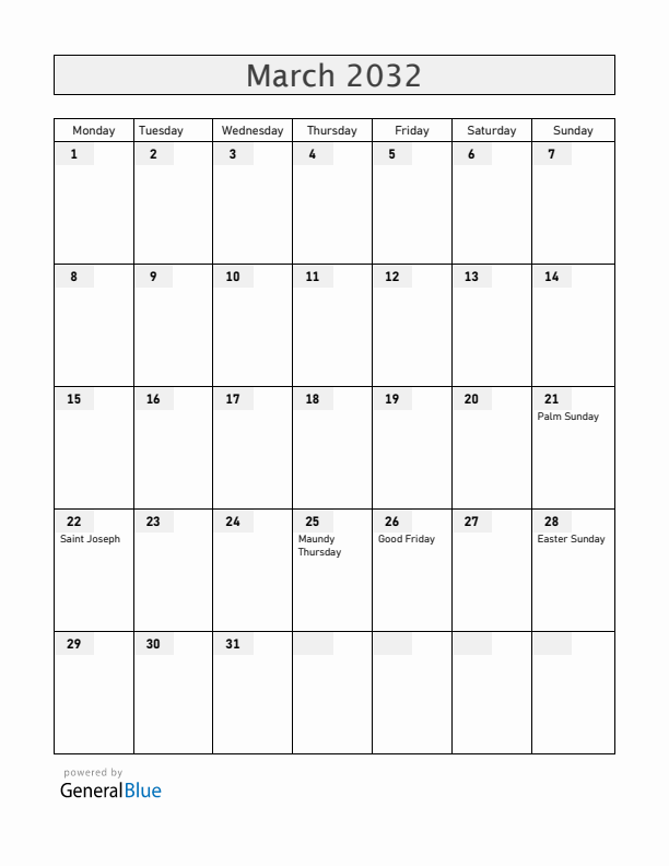 Colombia March 2032 Calendar with Holidays