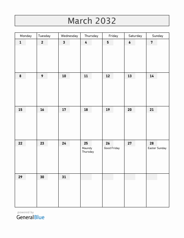 Costa Rica March 2032 Calendar with Holidays