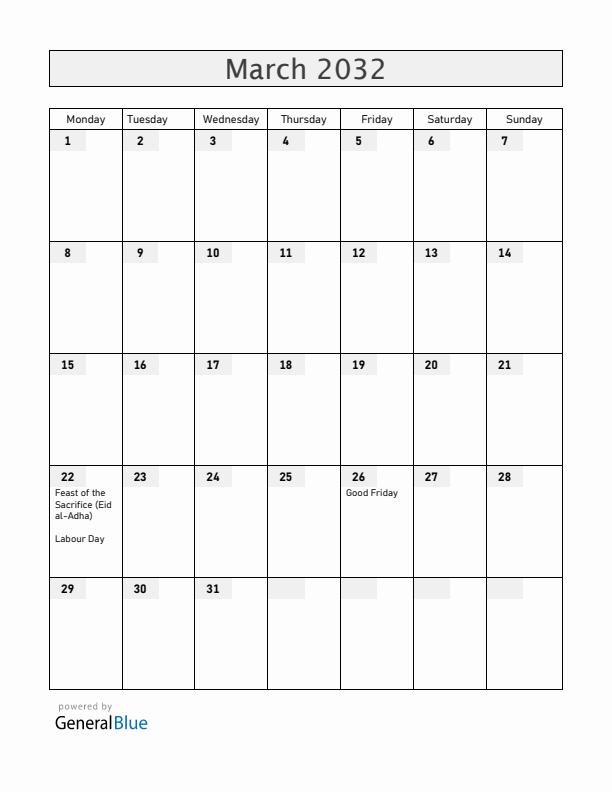 Christmas Island March 2032 Calendar with Holidays