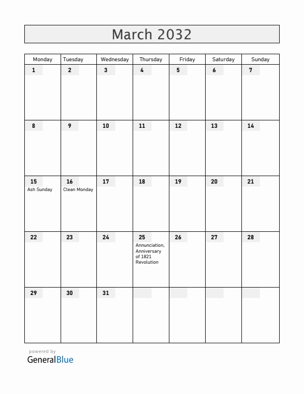 Cyprus March 2032 Calendar with Holidays