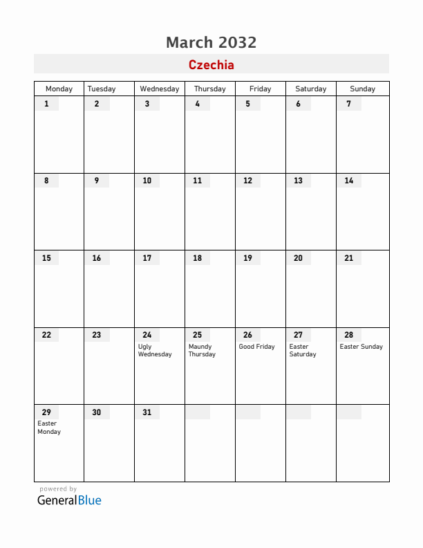 Czechia March 2032 Calendar with Holidays