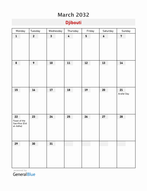 Djibouti March 2032 Calendar with Holidays