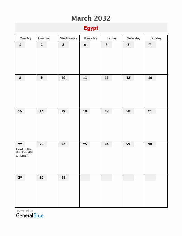 Egypt March 2032 Calendar with Holidays