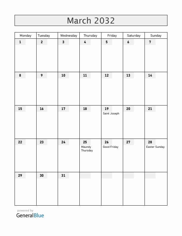 Spain March 2032 Calendar with Holidays