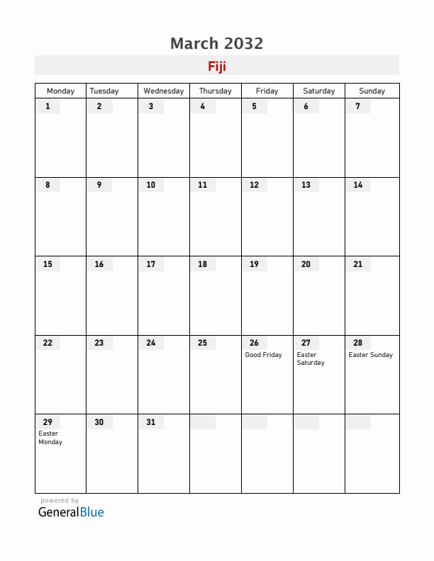 Fiji March 2032 Calendar with Holidays