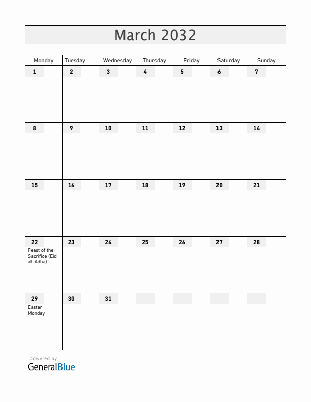 Gabon March 2032 Calendar with Holidays