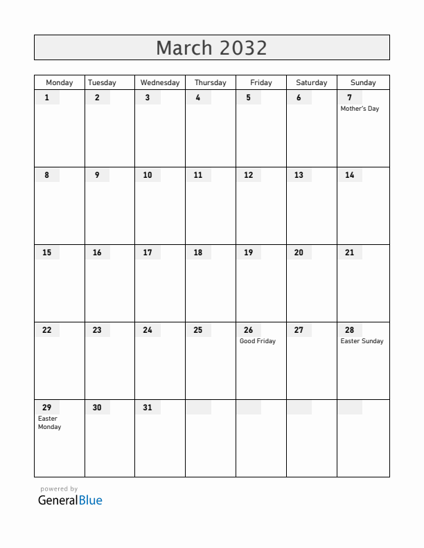 Guernsey March 2032 Calendar with Holidays