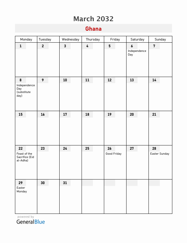 Ghana March 2032 Calendar with Holidays