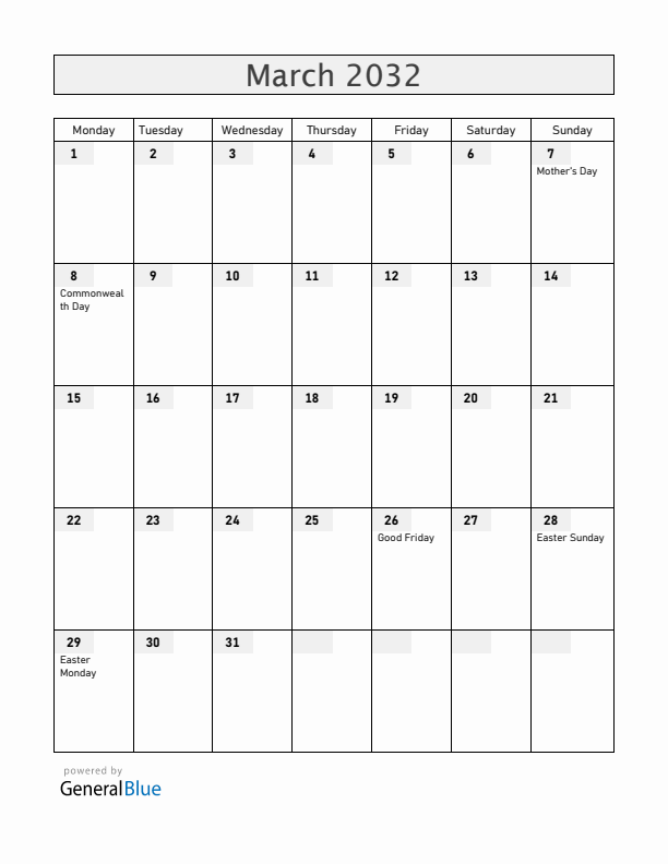 Gibraltar March 2032 Calendar with Holidays