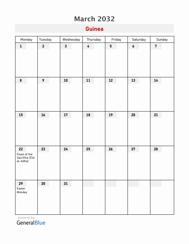 Guinea March 2032 Calendar with Holidays