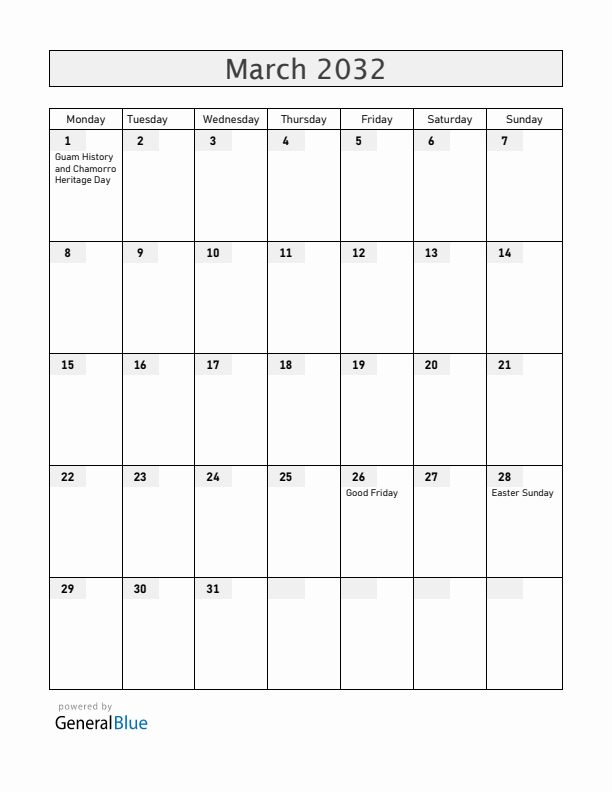 Guam March 2032 Calendar with Holidays