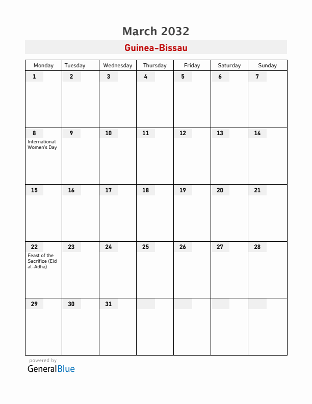 Guinea-Bissau March 2032 Calendar with Holidays