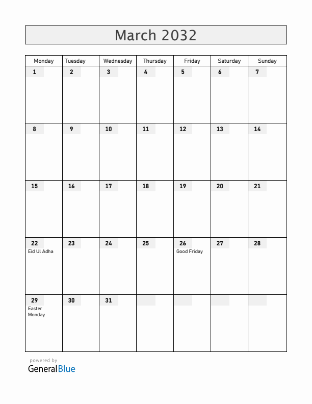 Guyana March 2032 Calendar with Holidays