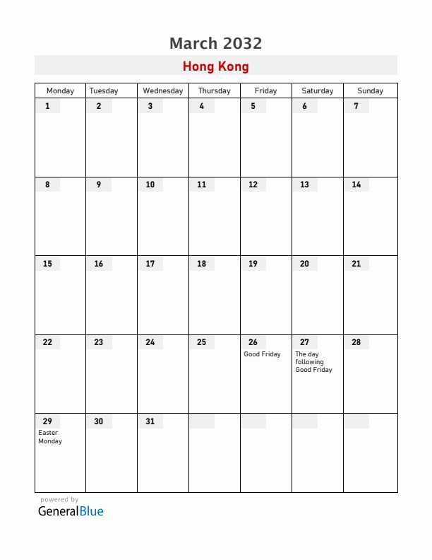 Hong Kong March 2032 Calendar with Holidays