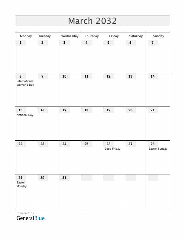 Hungary March 2032 Calendar with Holidays