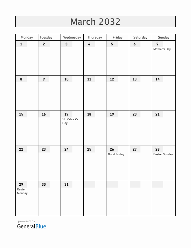 Ireland March 2032 Calendar with Holidays