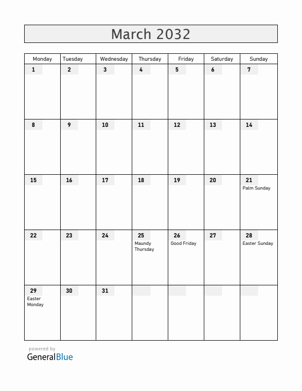 Iceland March 2032 Calendar with Holidays