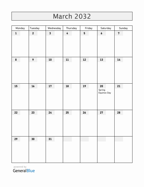 Japan March 2032 Calendar with Holidays