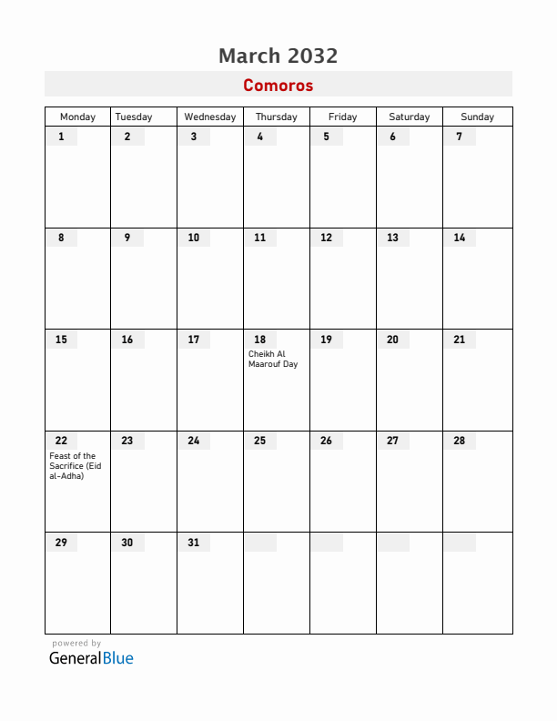 Comoros March 2032 Calendar with Holidays