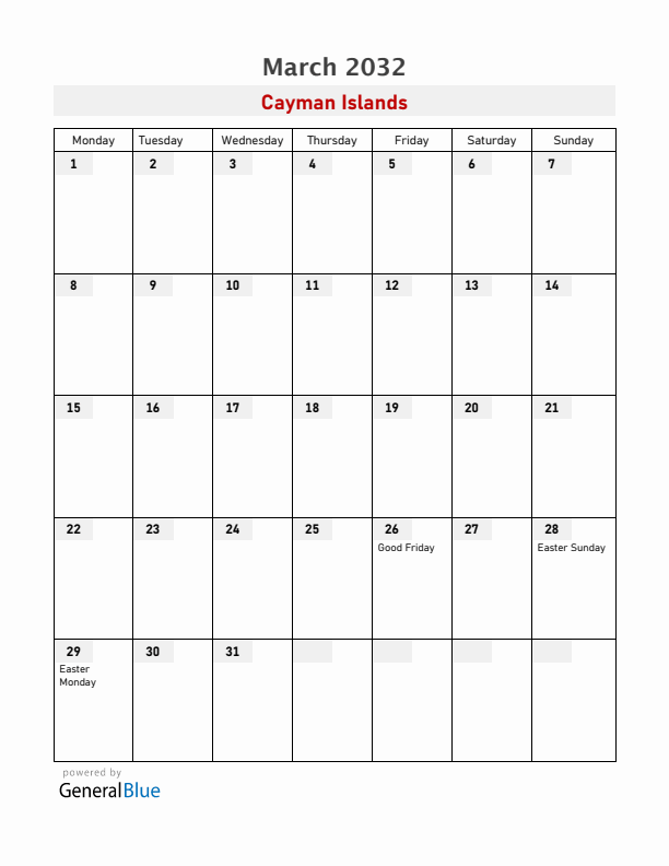 Cayman Islands March 2032 Calendar with Holidays