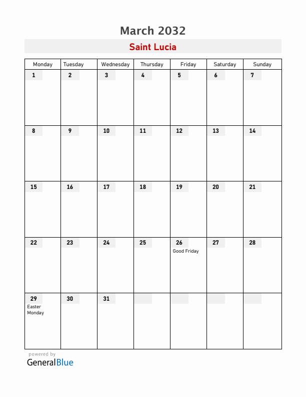 Saint Lucia March 2032 Calendar with Holidays