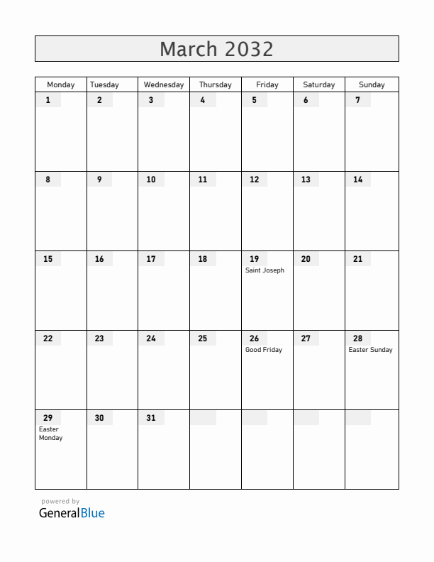 Liechtenstein March 2032 Calendar with Holidays