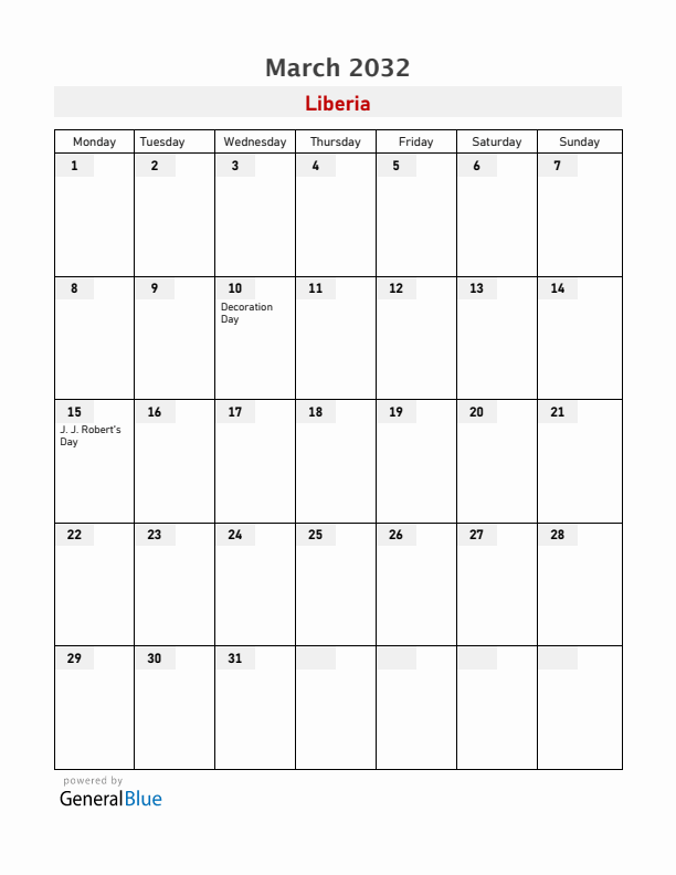 Liberia March 2032 Calendar with Holidays