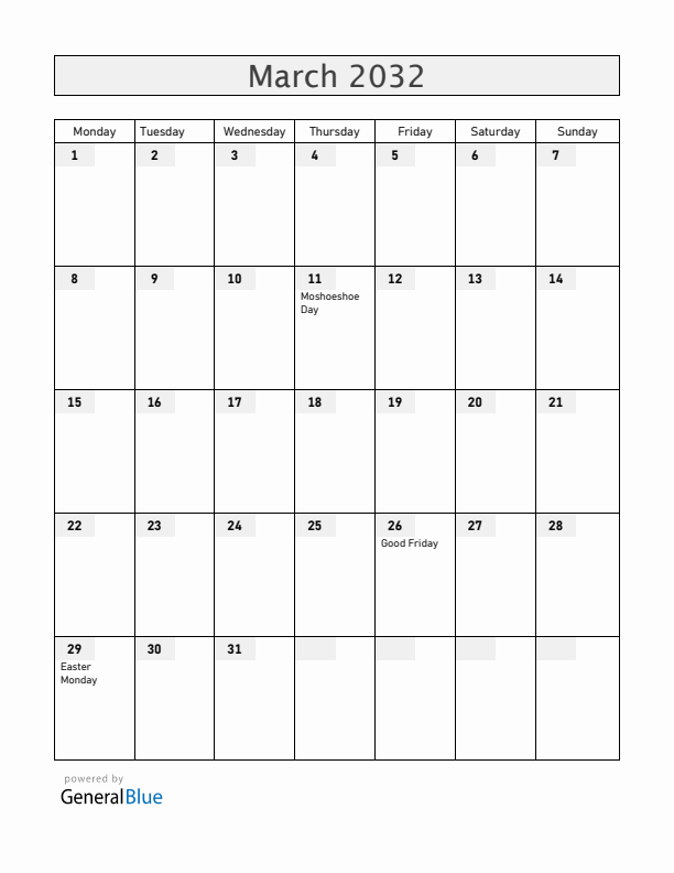 Lesotho March 2032 Calendar with Holidays