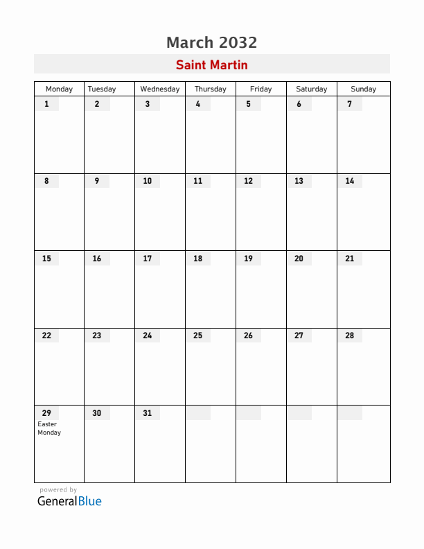 Saint Martin March 2032 Calendar with Holidays