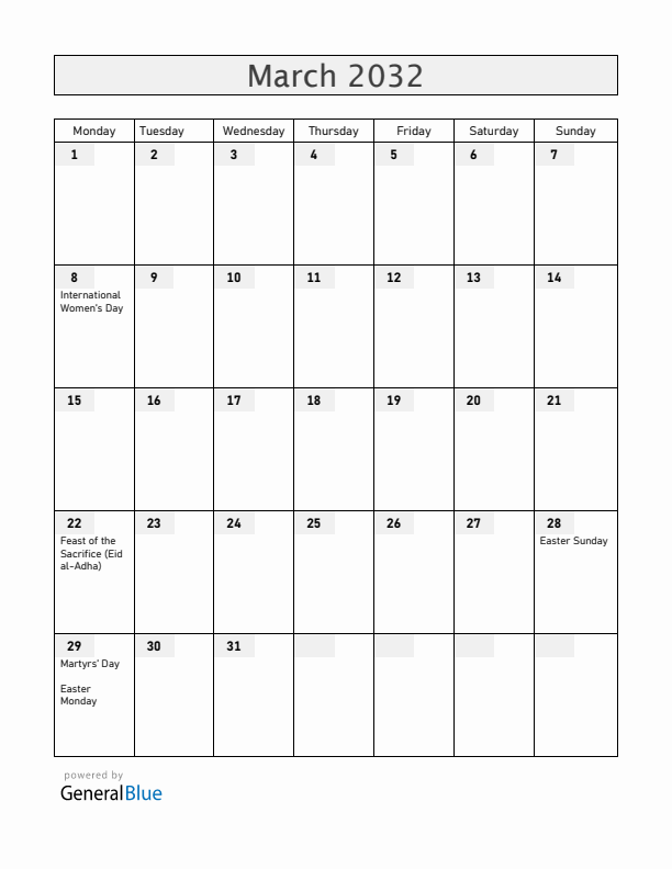 Madagascar March 2032 Calendar with Holidays