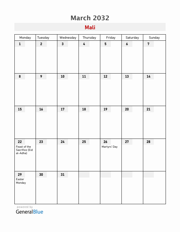Mali March 2032 Calendar with Holidays