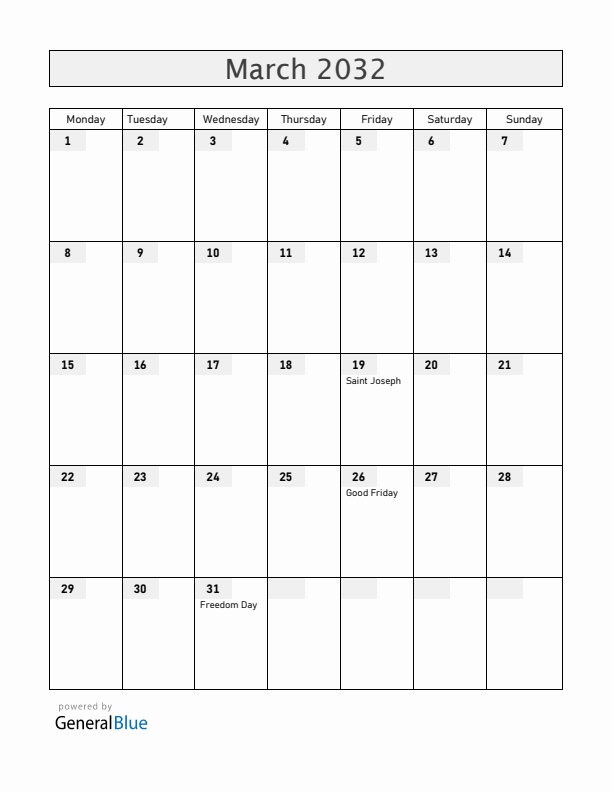 Malta March 2032 Calendar with Holidays