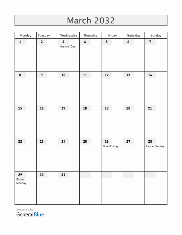 Malawi March 2032 Calendar with Holidays