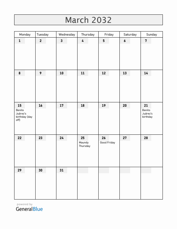 Mexico March 2032 Calendar with Holidays