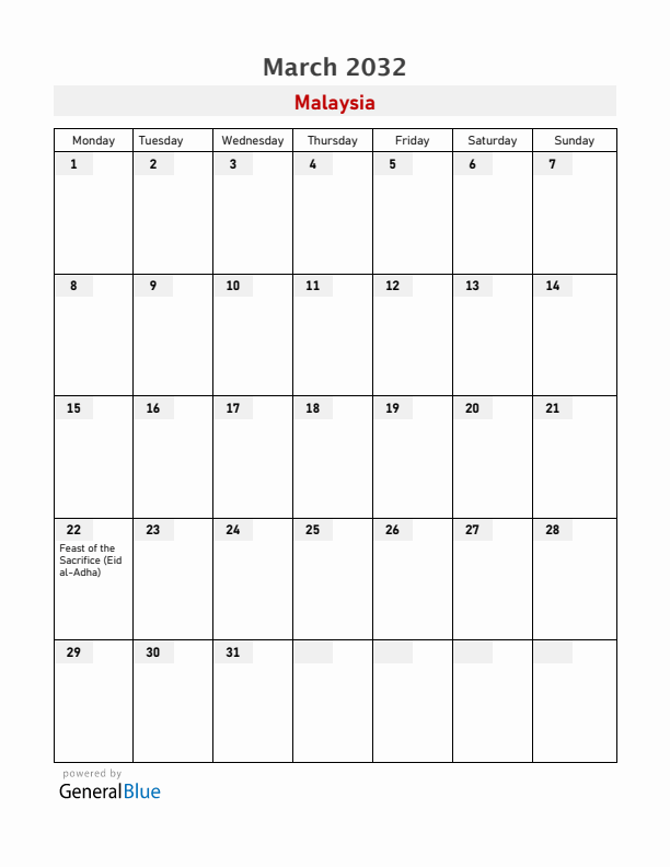 Malaysia March 2032 Calendar with Holidays