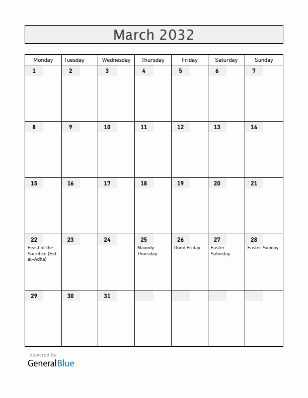 Philippines March 2032 Calendar with Holidays