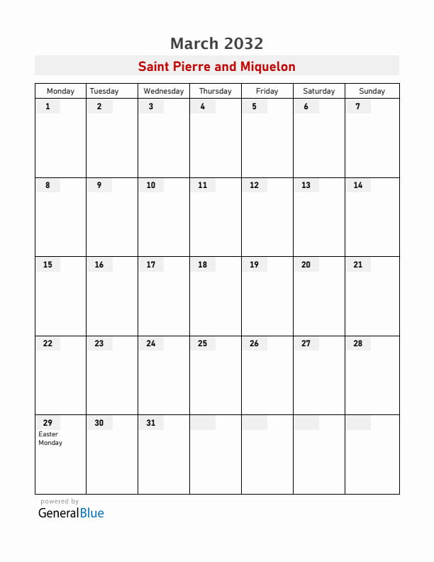 Saint Pierre and Miquelon March 2032 Calendar with Holidays