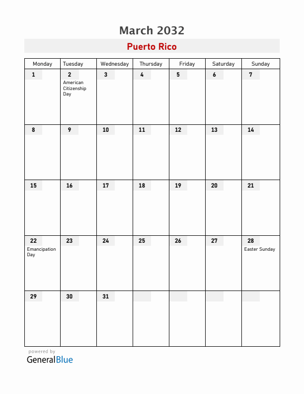 Puerto Rico March 2032 Calendar with Holidays