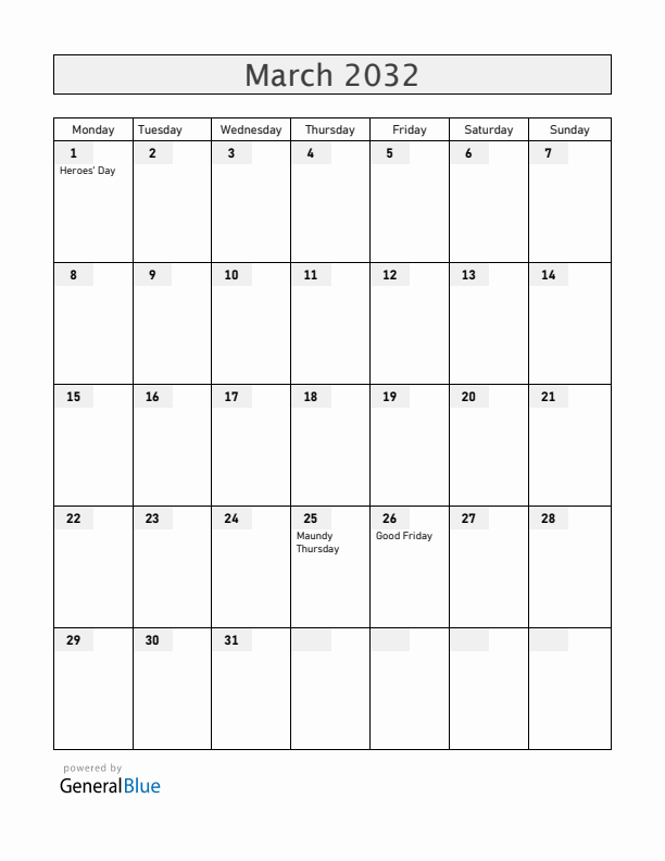 Paraguay March 2032 Calendar with Holidays
