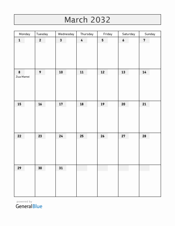 Romania March 2032 Calendar with Holidays