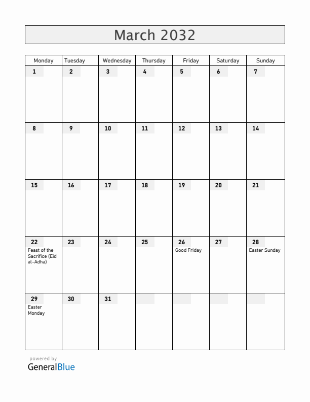 Serbia March 2032 Calendar with Holidays