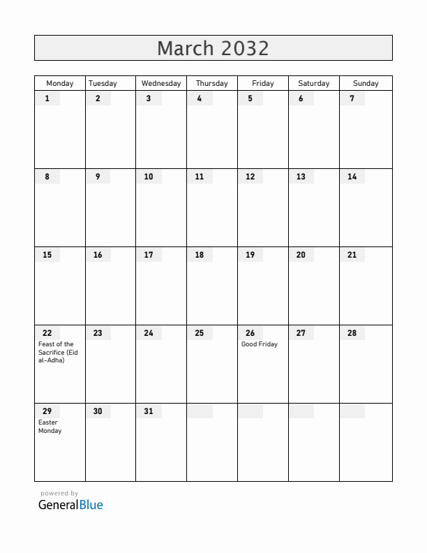 Rwanda March 2032 Calendar with Holidays