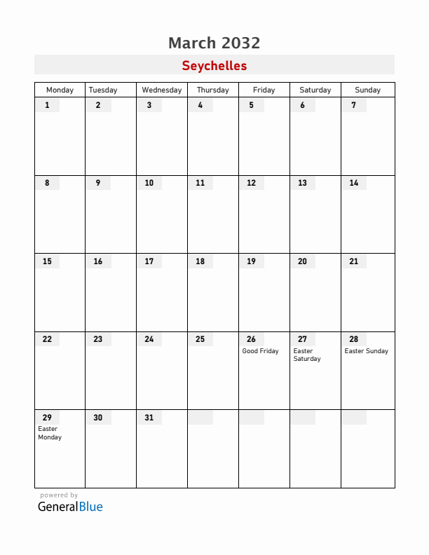 Seychelles March 2032 Calendar with Holidays